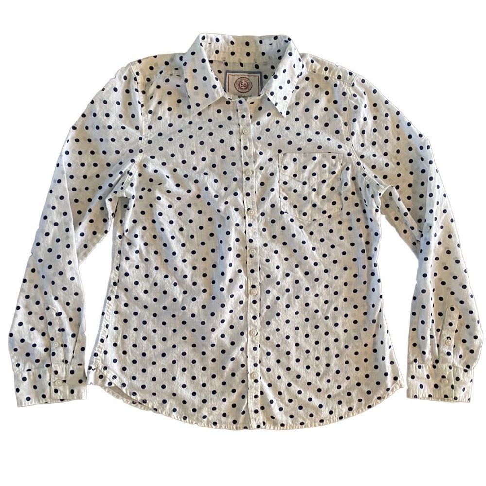 So Perfect button down long sleeve Shirt black and white polka dot size Large